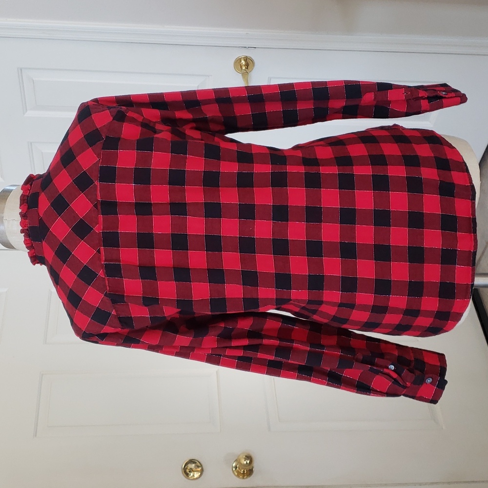 J. CREW FACTORY Buffalo Plaid Ruffle Collar Flannel Shirt Red Black Silver S - Picture 5 of 16